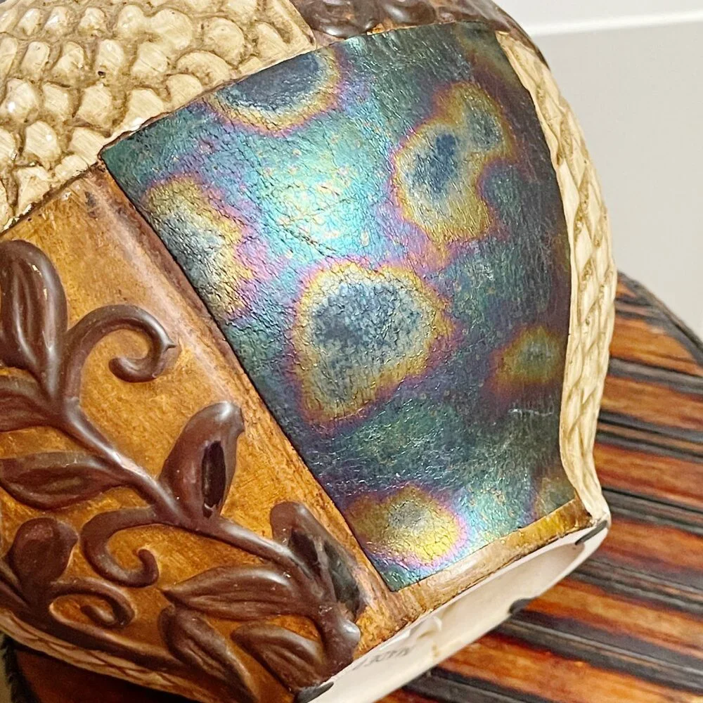 Pier 1 Vase Tan Turquoise Blue Multi Color Texture Pattern Ceramic Metal Unique!